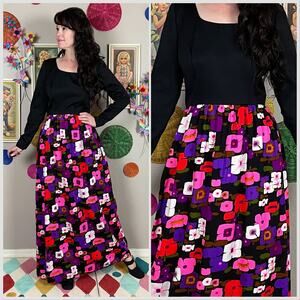 Vintage 1960s Long Sleeve Pink and Purple Floral Maxi Dress